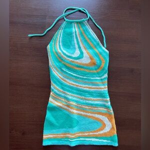 NWOT Turquoise Swirl Halter Knit Dress with Yellow & White Accents